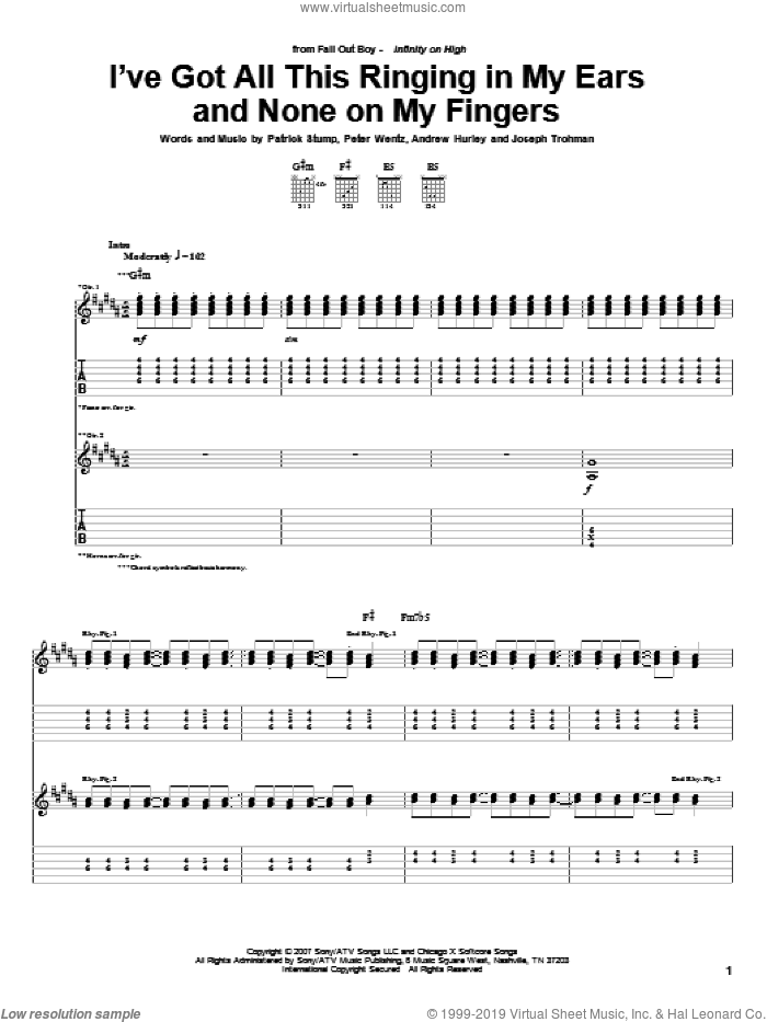 I've Got All This Ringing In My Ears And None On My Fingers sheet music for guitar (tablature) by Fall Out Boy, Andrew Hurley, Joseph Trohman, Patrick Stump and Peter Wentz, intermediate skill level