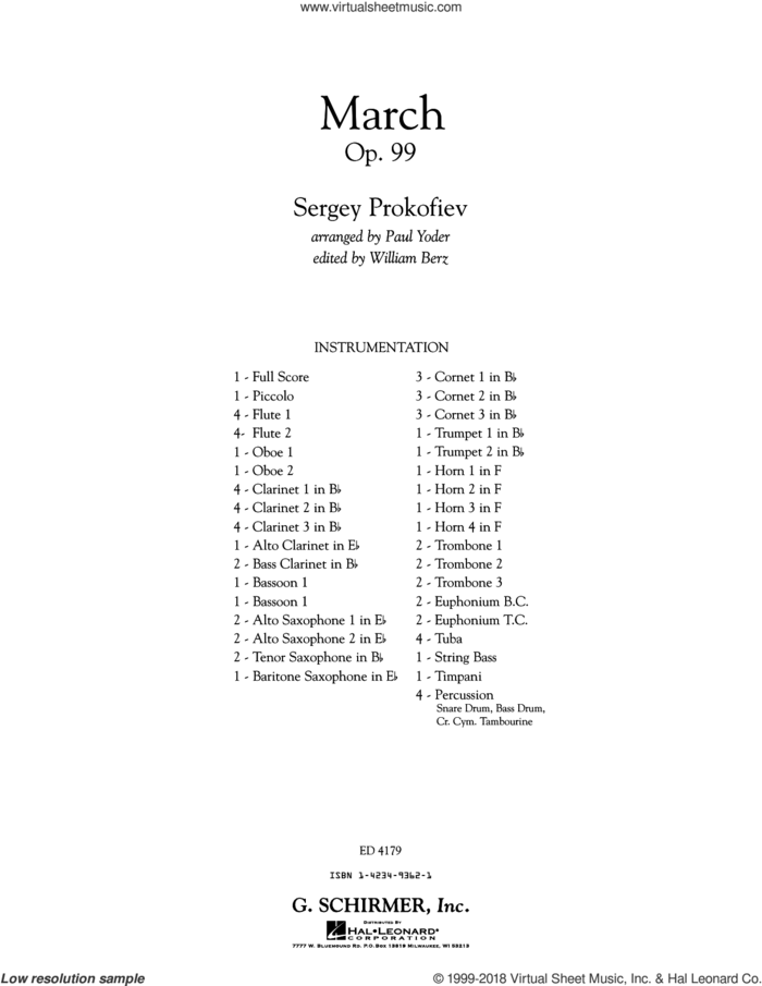 March, Op. 99 (COMPLETE) sheet music for concert band by Sergei Prokofiev, Paul Yoder and William Berz, classical score, intermediate skill level