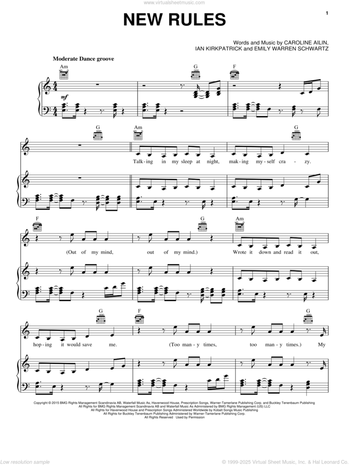 New Rules sheet music for voice, piano or guitar by Dua Lipa, Caroline Ailin, Emily Schwartz and Ian Kirkpatrick, intermediate skill level