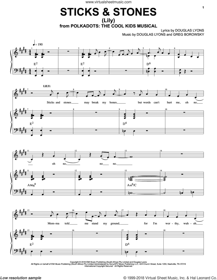 Sticks and Stones sheet music for voice and piano by Douglas Lyons & Greg Borowsky, Douglas Lyons and Greg Borowsky, intermediate skill level