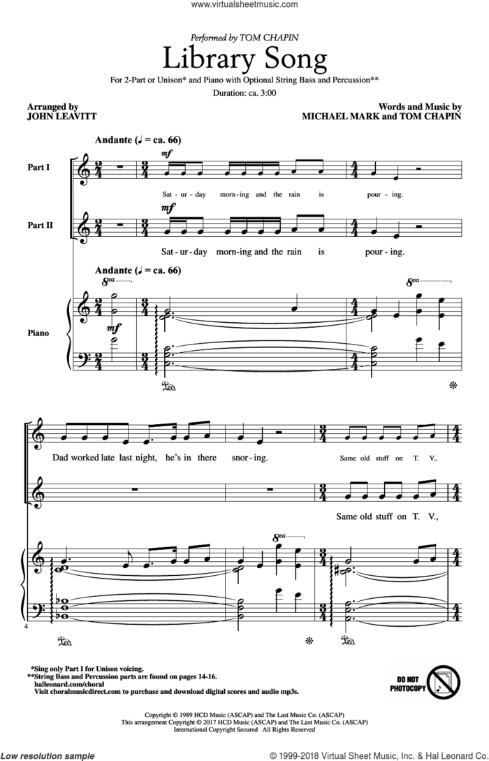 Library Song sheet music for choir (2-Part) by Michael Mark, John Leavitt and Tom Chapin, intermediate duet