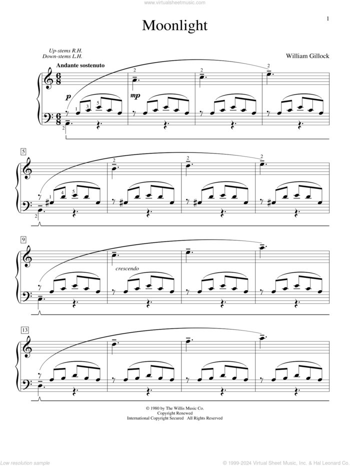 Moonlight sheet music for piano solo (elementary) by William Gillock, beginner piano (elementary)