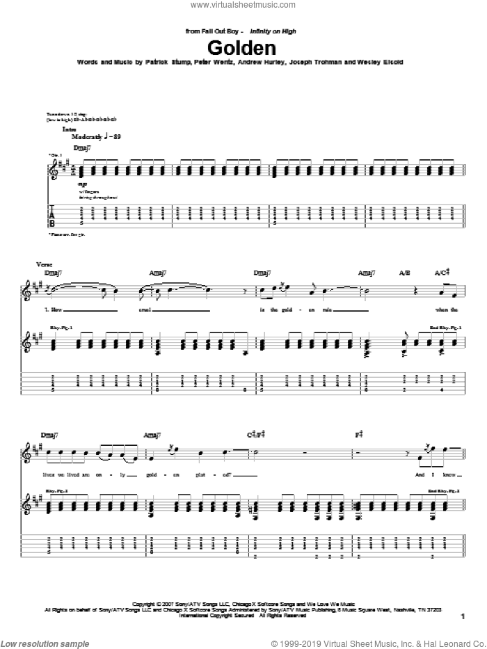 Golden sheet music for guitar (tablature) by Fall Out Boy, Andrew Hurley, Joseph Trohman, Patrick Stump, Peter Wentz and Wesley Eisold, intermediate skill level