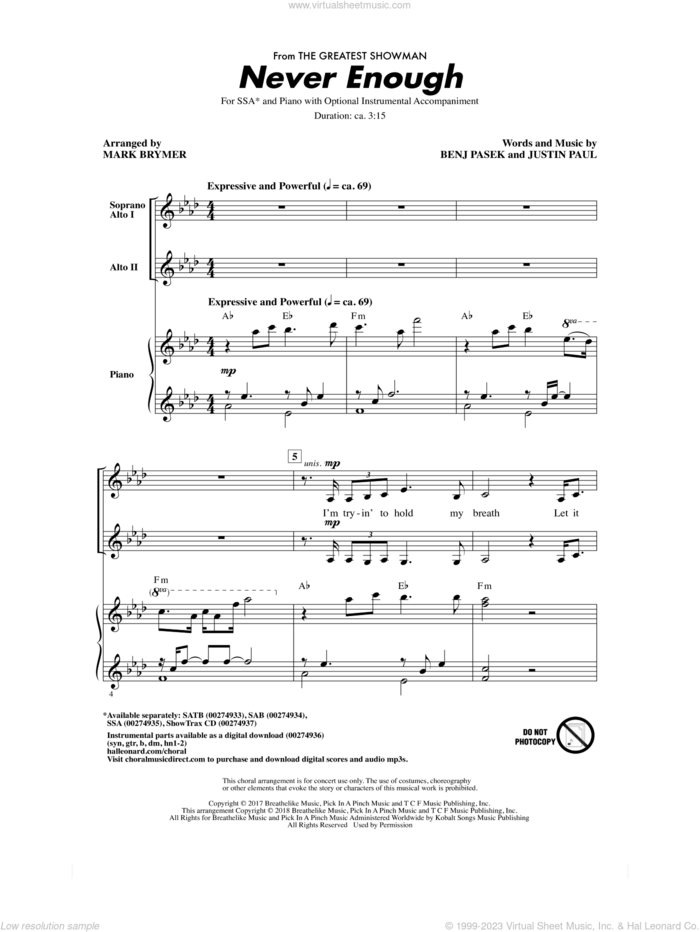 Never Enough (from The Greatest Showman) (arr. Mark Brymer) sheet music for choir (SSA: soprano, alto) by Pasek & Paul, Mark Brymer, Benj Pasek and Justin Paul, intermediate skill level
