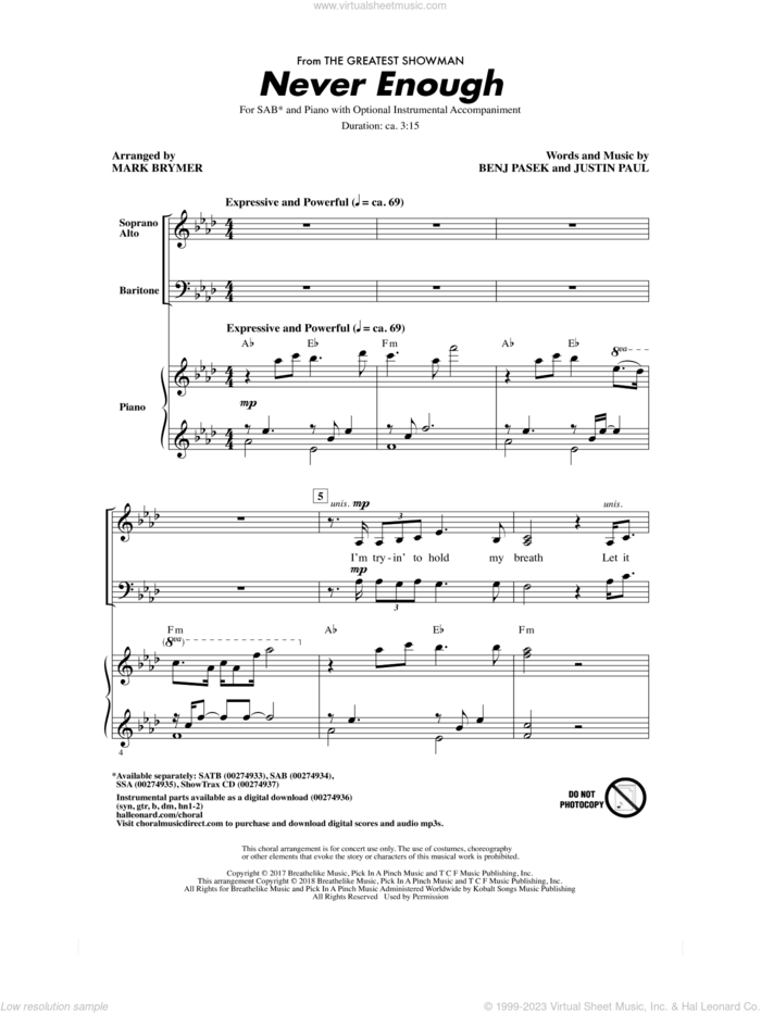Never Enough (from The Greatest Showman) (arr. Mark Brymer) sheet music for choir (SAB: soprano, alto, bass) by Benj Pasek, Mark Brymer, Justin Paul and Pasek & Paul, intermediate skill level