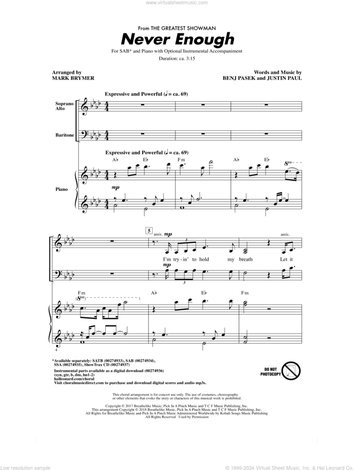 Never Enough (from The Greatest Showman) (arr. Mark Brymer) sheet music for choir (SAB: soprano, alto, bass) by Pasek & Paul, Mark Brymer, Benj Pasek and Justin Paul, intermediate skill level