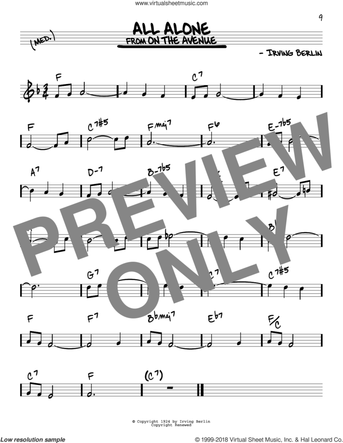 All Alone sheet music for voice and other instruments (real book) by Irving Berlin, intermediate skill level
