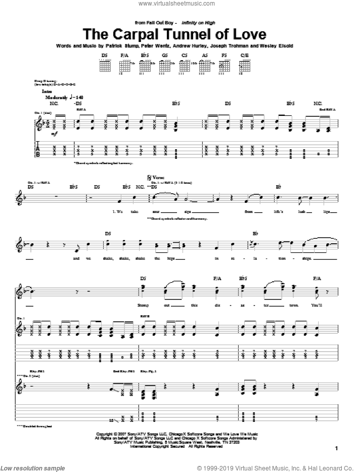 The Carpal Tunnel Of Love sheet music for guitar (tablature) by Fall Out Boy, Andrew Hurley, Joseph Trohman, Patrick Stump, Peter Wentz and Wesley Eisold, intermediate skill level