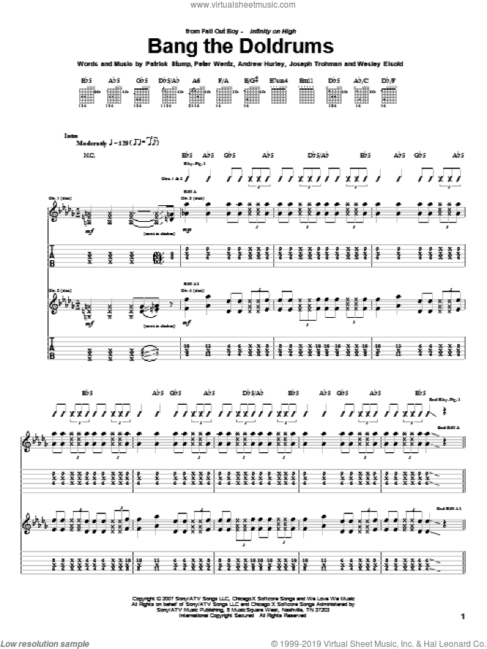 Bang The Doldrums sheet music for guitar (tablature) by Fall Out Boy, Andrew Hurley, Joseph Trohman, Patrick Stump, Peter Wentz and Wesley Eisold, intermediate skill level