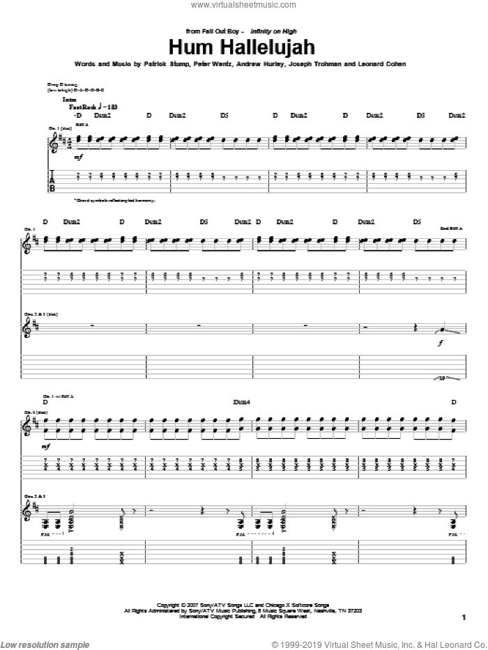 Hum Hallelujah sheet music for guitar (tablature) by Fall Out Boy, Andrew Hurley, Joseph Trohman, Leonard Cohen, Patrick Stump and Peter Wentz, intermediate skill level