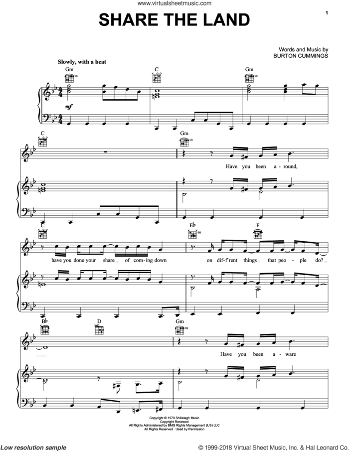 Share The Land sheet music for voice, piano or guitar by The Guess Who and Burton Cummings, intermediate skill level