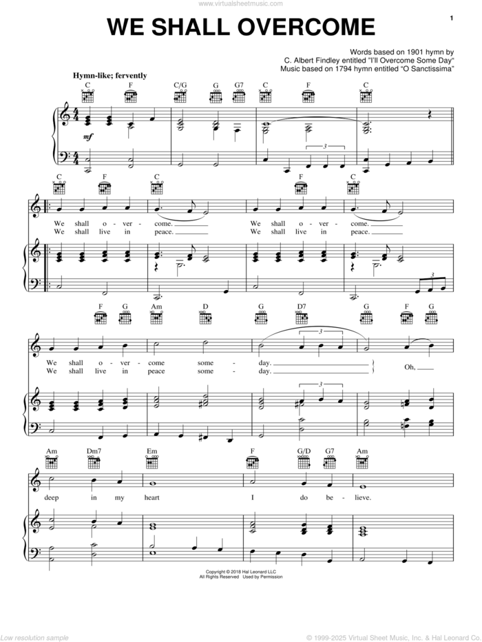 We Shall Overcome sheet music for voice, piano or guitar, intermediate skill level