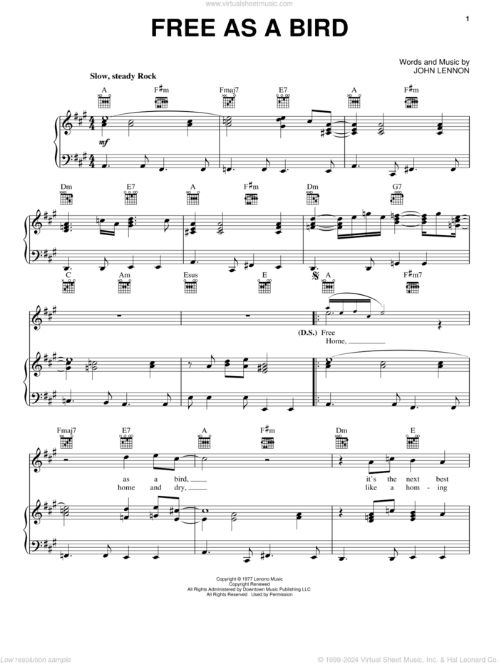 Free As A Bird sheet music for voice, piano or guitar by The Beatles and John Lennon, intermediate skill level