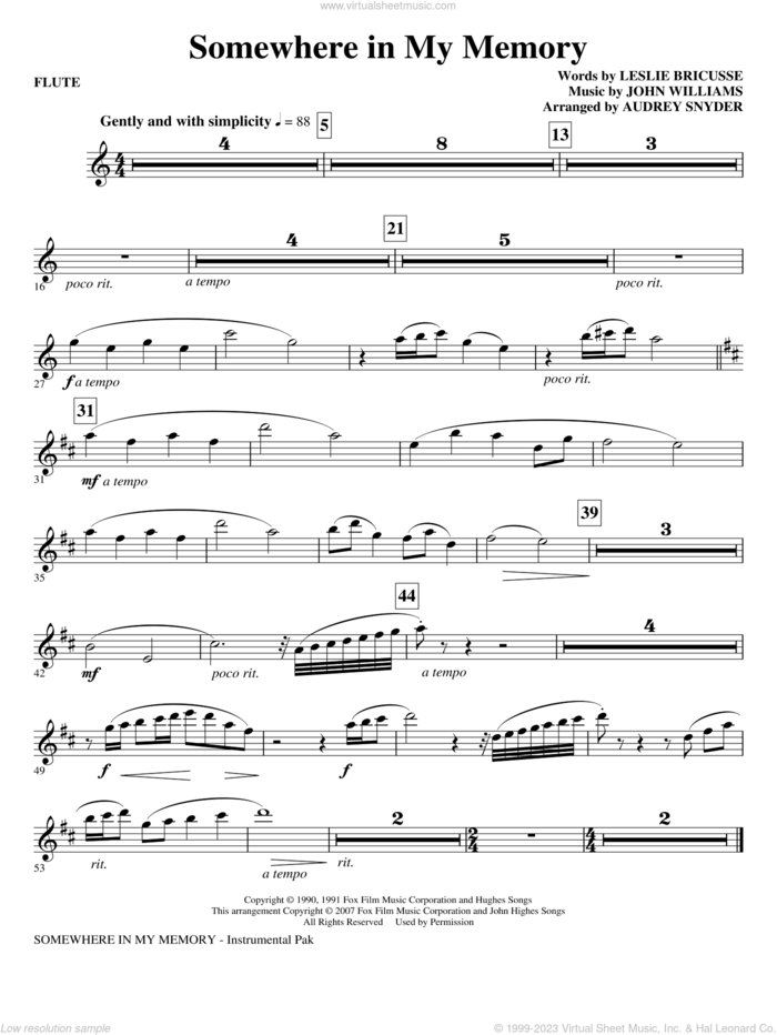 Somewhere in My Memory (arr. Audrey Snyder) sheet music for orchestra/band (flute) by John Williams, Leslie Bricusse and Audrey Snyder, intermediate skill level