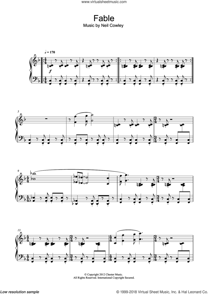 Fable sheet music for piano solo by The Neil Cowley Trio and Neil Cowley, intermediate skill level
