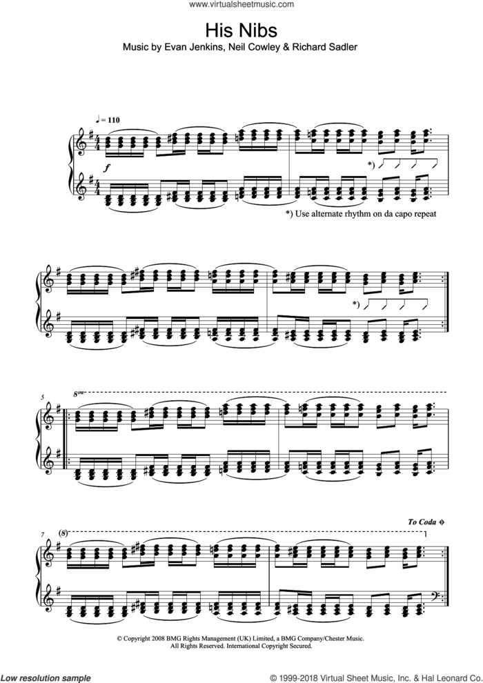 His Nibs sheet music for piano solo by The Neil Cowley Trio, Evan Jenkins, Neil Cowley and Richard Sadler, intermediate skill level