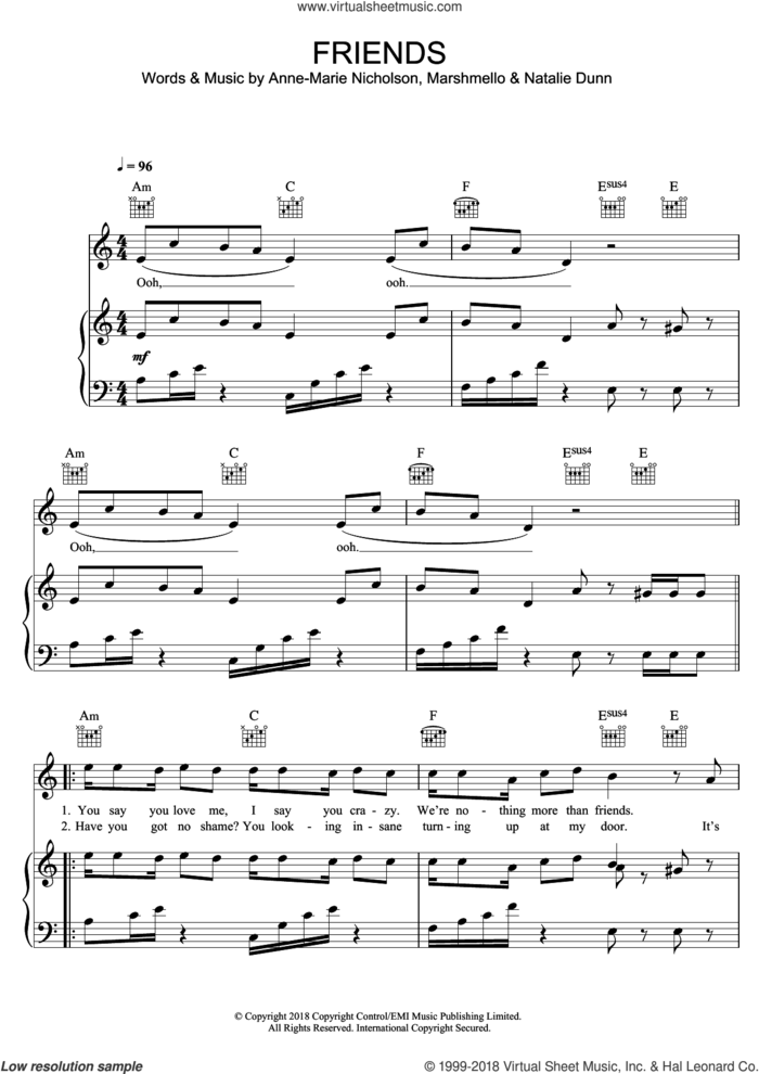 FRIENDS sheet music for voice, piano or guitar by Marshmello, Anne-Marie, Marshmello & Anne-Marie, Anne-Marie Nicholson and Natalie Dunn, intermediate skill level