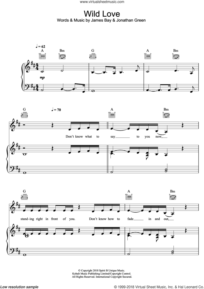 Wild Love sheet music for voice, piano or guitar by James Bay and Jonathan Green, intermediate skill level