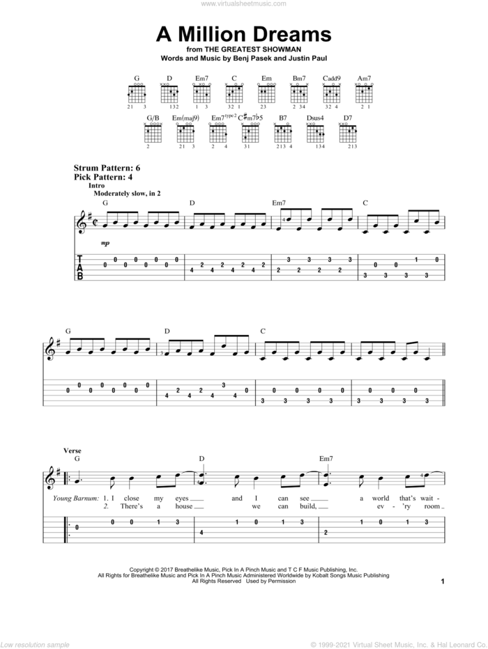 A Million Dreams (from The Greatest Showman) sheet music for guitar solo (easy tablature) by Pasek & Paul, Benj Pasek and Justin Paul, easy guitar (easy tablature)