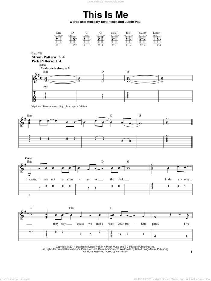 This Is Me (from The Greatest Showman) sheet music for guitar solo (easy tablature) by Pasek & Paul, Benj Pasek and Justin Paul, easy guitar (easy tablature)