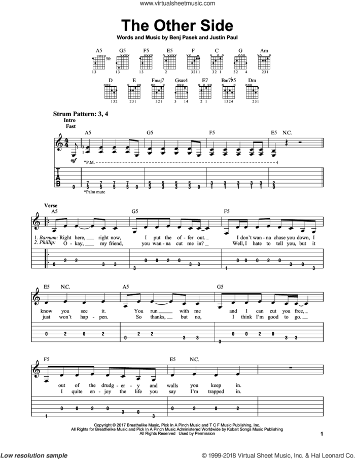The Other Side sheet music for guitar solo (easy tablature) by Benj Pasek, Justin Paul and Pasek & Paul, easy guitar (easy tablature)