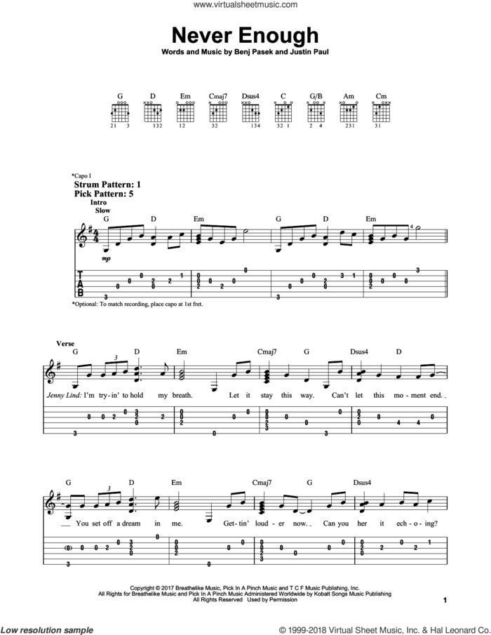 Never Enough (from The Greatest Showman) sheet music for guitar solo (easy tablature) by Pasek & Paul, Benj Pasek and Justin Paul, easy guitar (easy tablature)