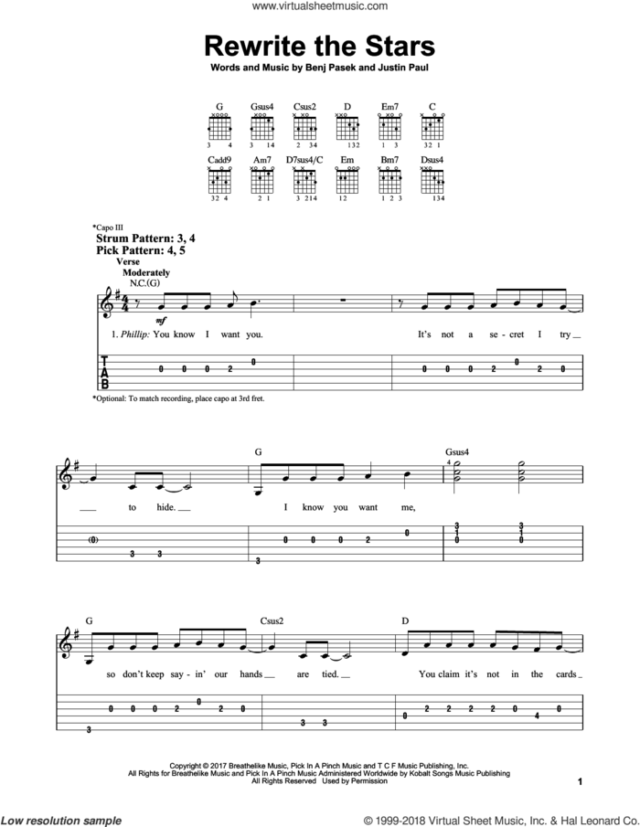 Rewrite The Stars sheet music for guitar solo (easy tablature) by Benj Pasek, Zac Efron & Zendaya, Justin Paul and Pasek & Paul, easy guitar (easy tablature)
