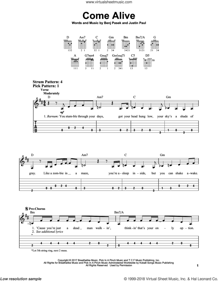 Come Alive (from The Greatest Showman) sheet music for guitar solo (easy tablature) by Benj Pasek, Justin Paul and Pasek & Paul, easy guitar (easy tablature)