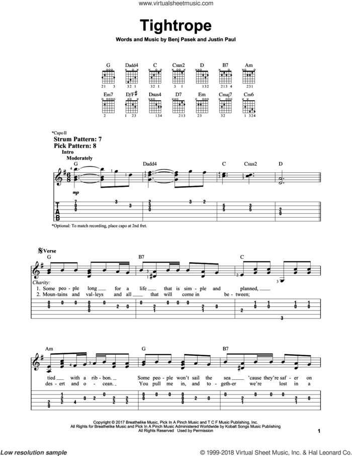 Tightrope (from The Greatest Showman) sheet music for guitar solo (easy tablature) by Pasek & Paul, Benj Pasek and Justin Paul, easy guitar (easy tablature)