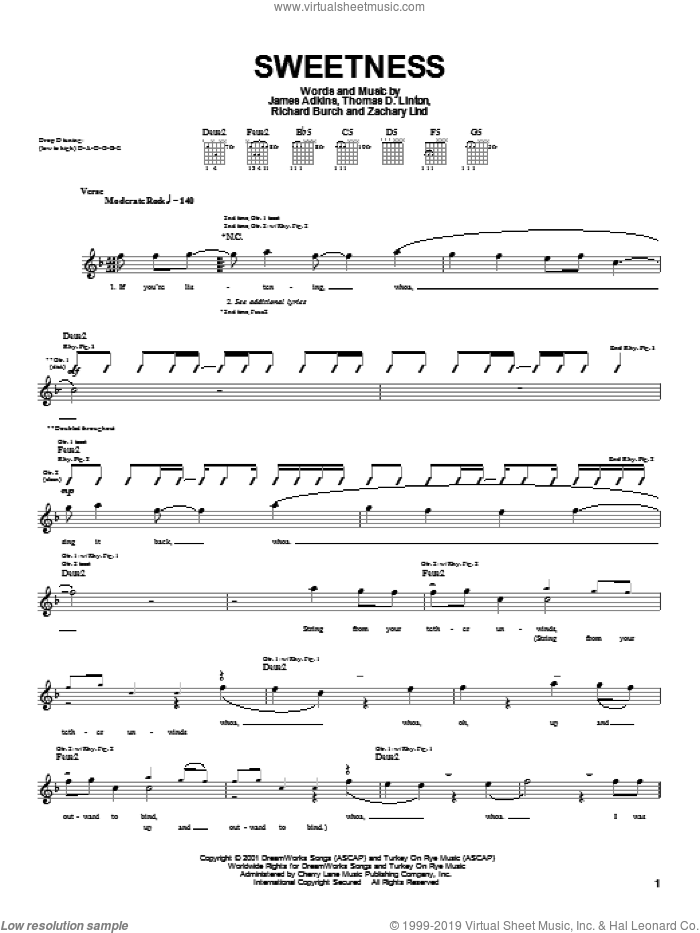Sweetness sheet music for guitar (tablature) by Jimmy Eat World, James Adkins, Richard Burch and Thomas D. Linton, intermediate skill level