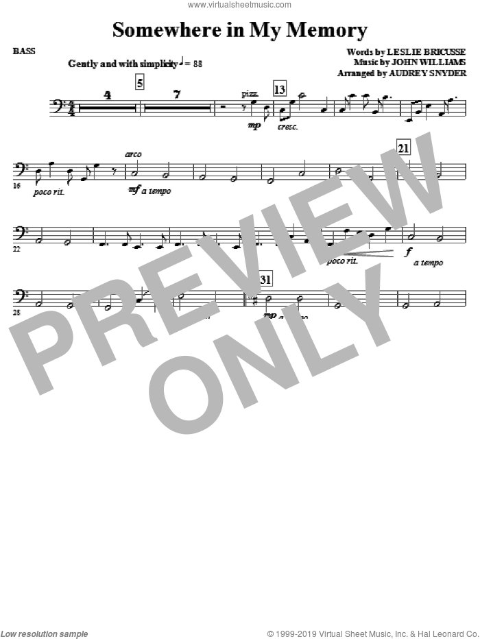 Somewhere in My Memory (arr. Audrey Snyder) sheet music for orchestra/band (bass) by John Williams, Leslie Bricusse and Audrey Snyder, intermediate skill level