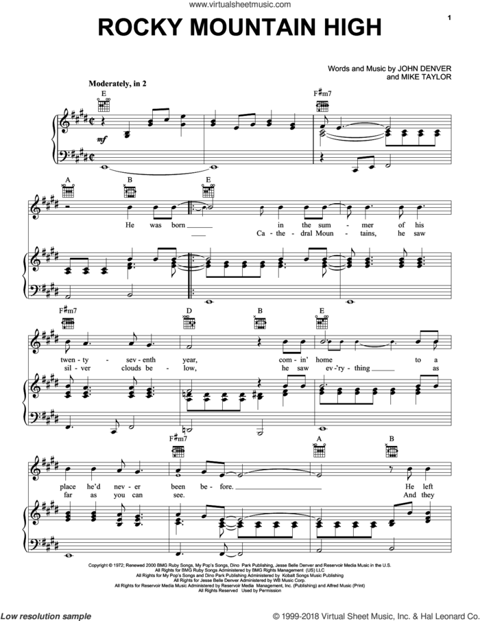 Rocky Mountain High sheet music for voice, piano or guitar by John Denver and Mike Taylor, intermediate skill level