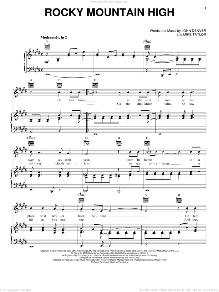 Rocky Mountain High sheet music for voice, piano or guitar by John Denver and Mike Taylor, intermediate skill level
