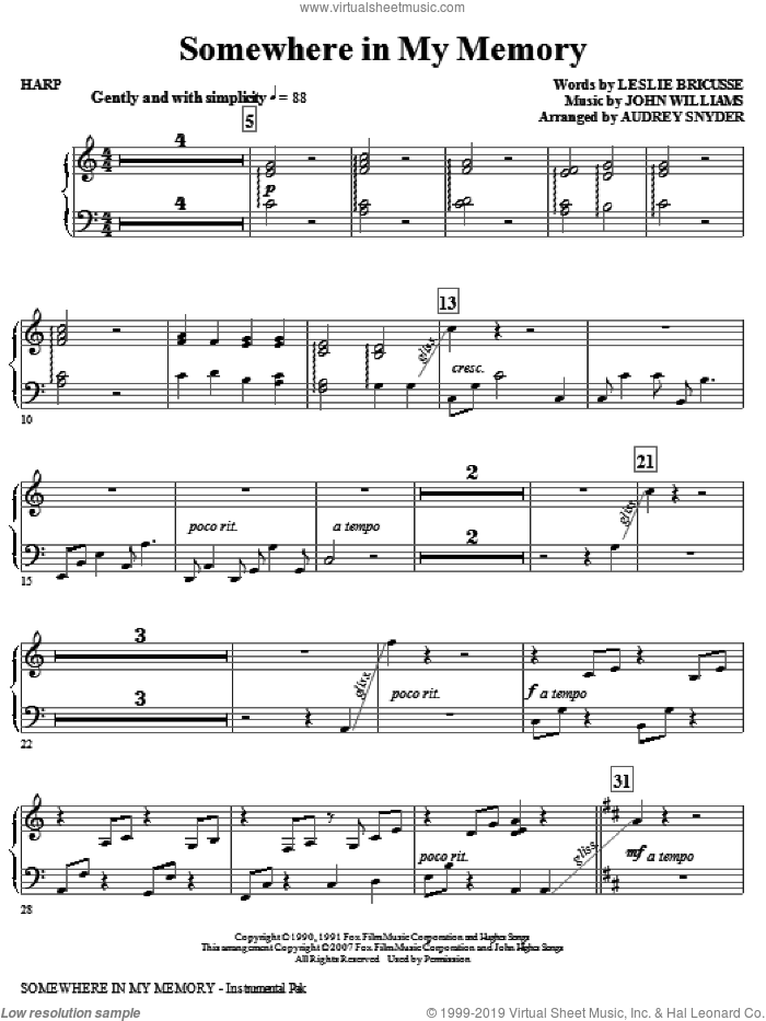 Somewhere in My Memory (arr. Audrey Snyder) sheet music for orchestra/band (harp) by John Williams, Leslie Bricusse and Audrey Snyder, intermediate skill level