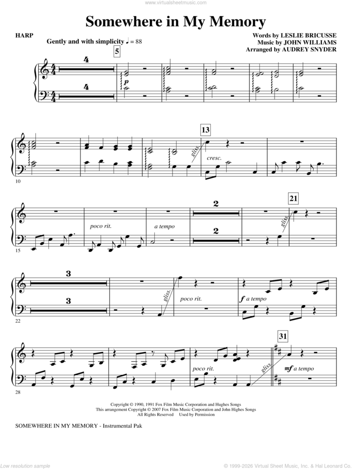 Somewhere in My Memory (arr. Audrey Snyder) sheet music for orchestra/band (harp) by John Williams, Leslie Bricusse and Audrey Snyder, intermediate skill level