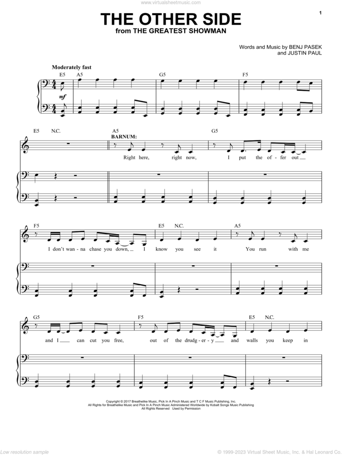 The Other Side sheet music for voice and piano by Pasek & Paul, Benj Pasek and Justin Paul, intermediate skill level