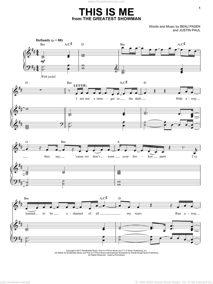 This Is Me (from The Greatest Showman) sheet music for voice and piano by Pasek & Paul, Benj Pasek and Justin Paul, intermediate skill level