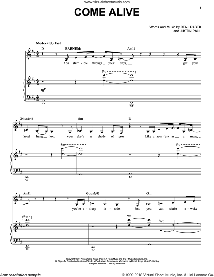 Come Alive (from The Greatest Showman) sheet music for voice and piano by Pasek & Paul, Benj Pasek and Justin Paul, intermediate skill level