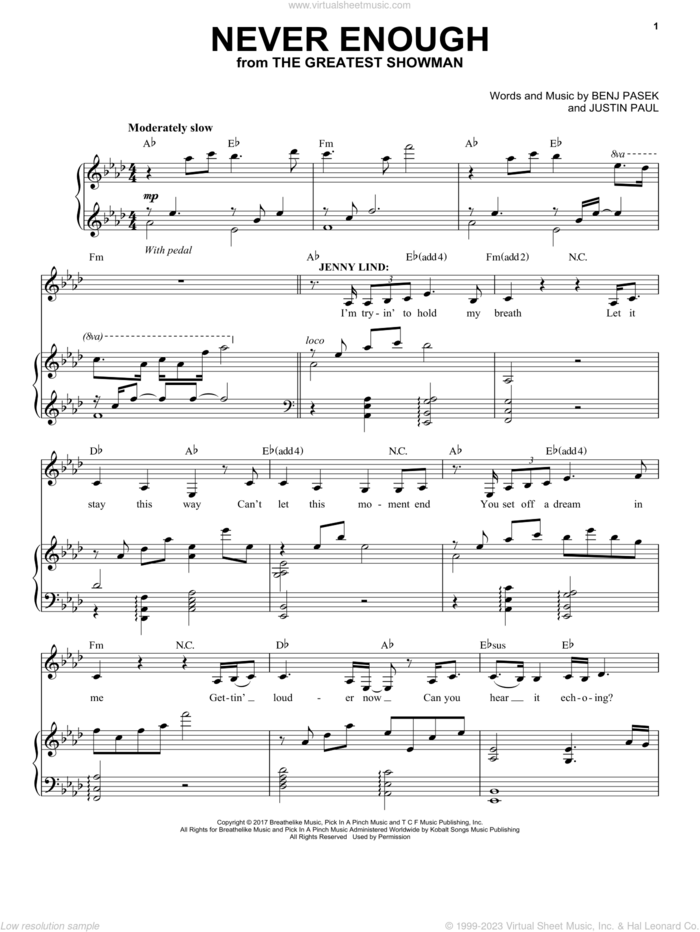 Never Enough sheet music for voice and piano by Pasek & Paul, Benj Pasek and Justin Paul, intermediate skill level