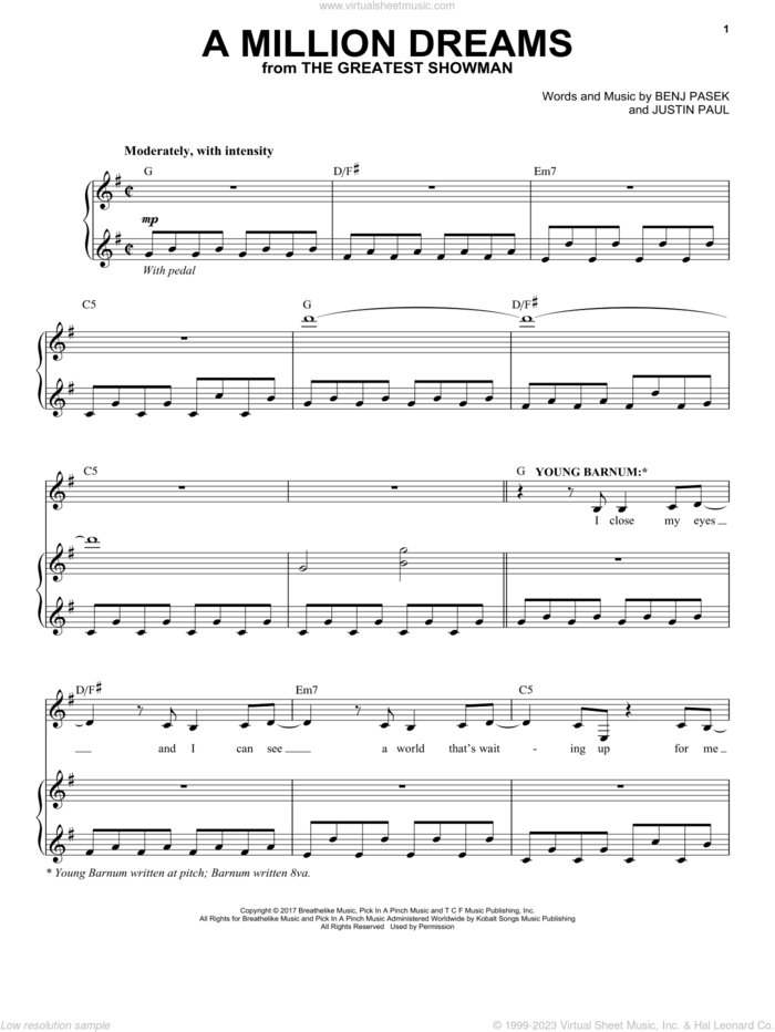 A Million Dreams (from The Greatest Showman) sheet music for voice and piano by Pasek & Paul, Benj Pasek and Justin Paul, intermediate skill level