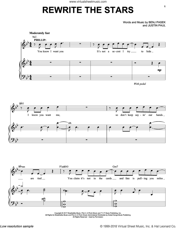 Rewrite The Stars (from The Greatest Showman) sheet music for voice and piano by Pasek & Paul, Zac Efron & Zendaya, Benj Pasek and Justin Paul, intermediate skill level