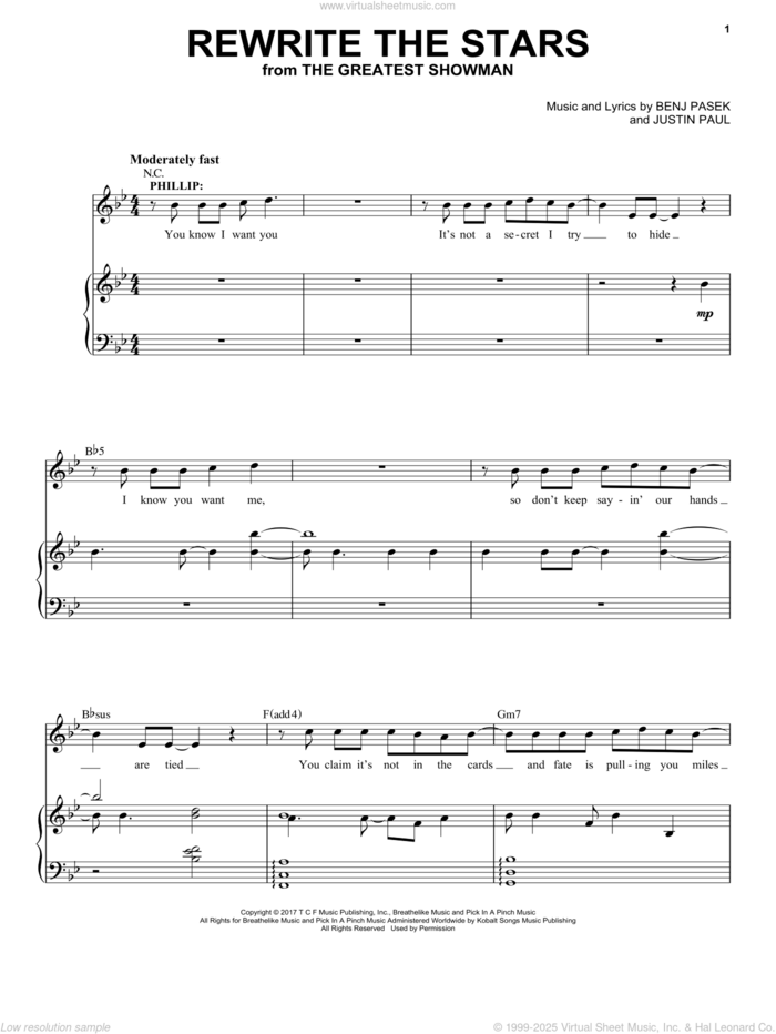 Rewrite The Stars (from The Greatest Showman) sheet music for voice and piano by Pasek & Paul, Zac Efron & Zendaya, Benj Pasek and Justin Paul, intermediate skill level