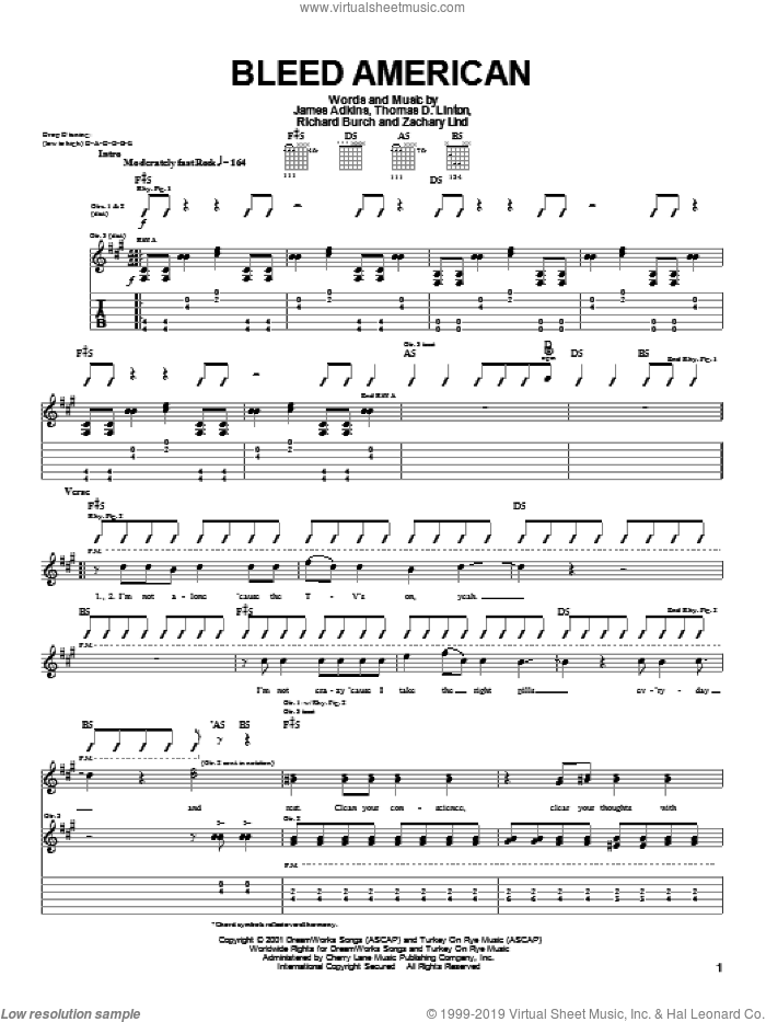 Bleed American sheet music for guitar (tablature) by Jimmy Eat World, James Adkins, Richard Burch and Thomas D. Linton, intermediate skill level