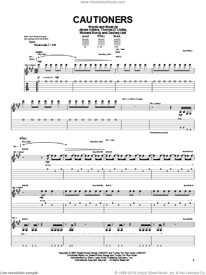 Cautioners sheet music for guitar (tablature) by Jimmy Eat World, James Adkins, Richard Burch and Thomas D. Linton, intermediate skill level
