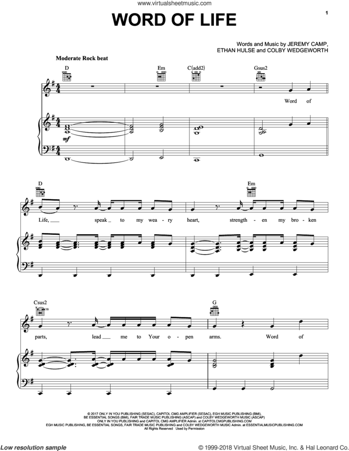 Word Of Life sheet music for voice, piano or guitar by Jeremy Camp, Colby Wedgeworth and Ethan Hulse, intermediate skill level