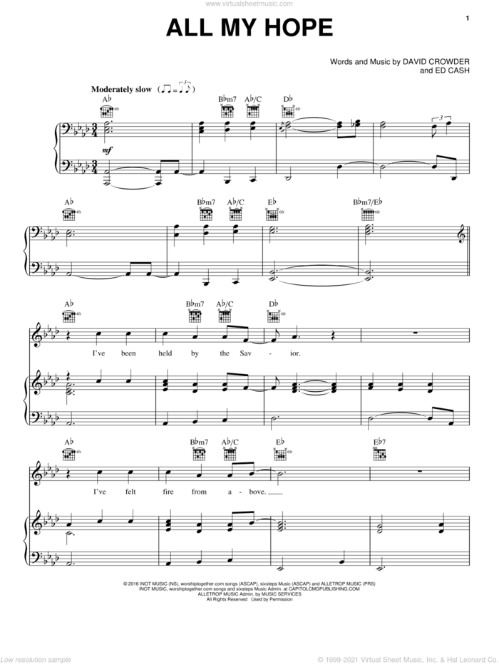 All My Hope sheet music for voice, piano or guitar by David Crowder and Ed Cash, intermediate skill level