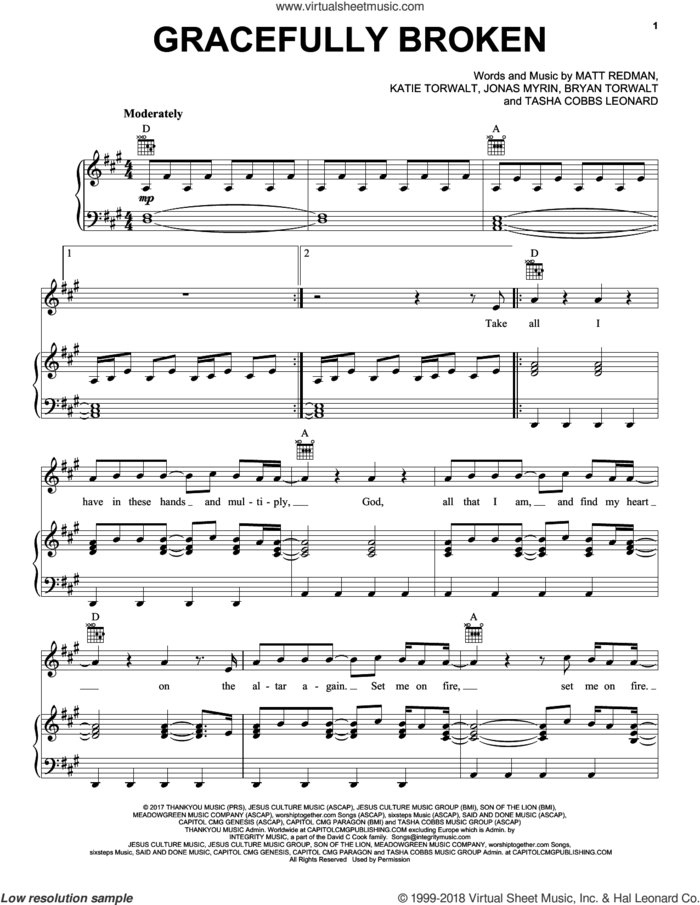 Gracefully Broken sheet music for voice, piano or guitar by Matt Redman, Bryan Torwalt, Jonas Myrin, Katie Torwalt and Tasha Cobbs Leonard, intermediate skill level