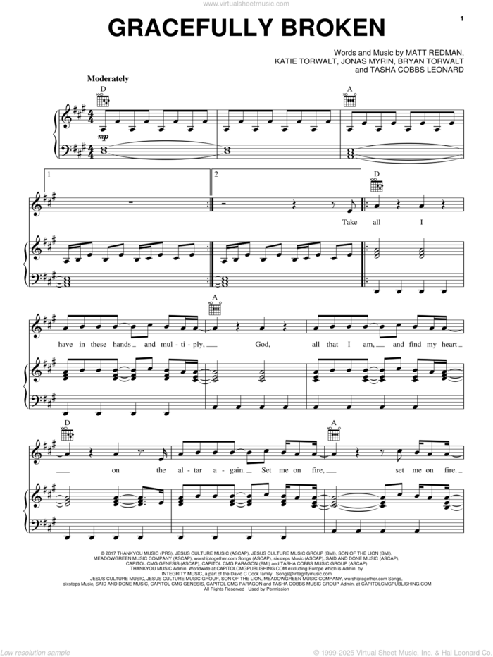 Gracefully Broken sheet music for voice, piano or guitar by Matt Redman, Bryan Torwalt, Jonas Myrin, Katie Torwalt and Tasha Cobbs Leonard, intermediate skill level