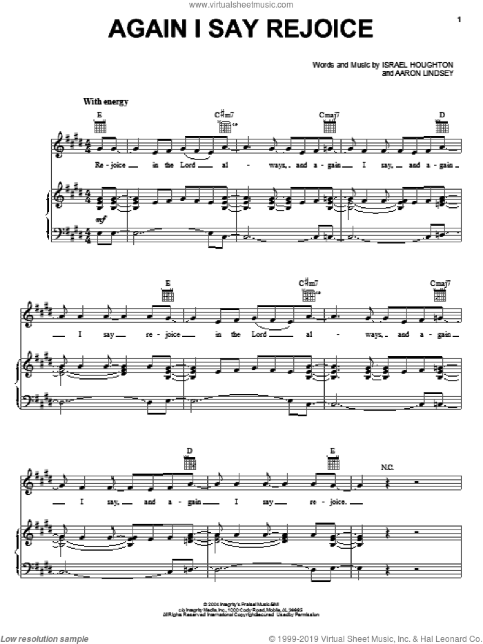 Again I Say Rejoice sheet music for voice, piano or guitar by Israel Houghton and Aaron Lindsey, intermediate skill level