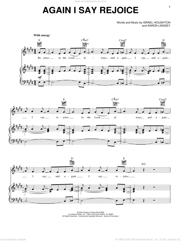 Again I Say Rejoice sheet music for voice, piano or guitar by Israel Houghton and Aaron Lindsey, intermediate skill level